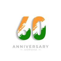 Celebração de aniversário de 60 anos com pincel branco barra em açafrão amarelo e cor verde da bandeira indiana. saudação de feliz aniversário celebra evento isolado no fundo branco vetor