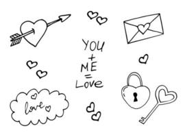 dia dos namorados conjunto doodle desenhado de mão. vetor, escandinavo, minimalismo. ícone, romance de amor de cartão adesivo vetor