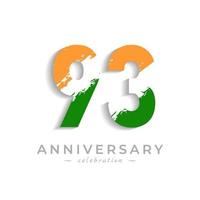 Celebração de aniversário de 93 anos com pincel branco barra em açafrão amarelo e cor verde da bandeira indiana. saudação de feliz aniversário celebra evento isolado no fundo branco vetor