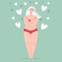 uma linda mulher gorda em um maiô está em pleno crescimento e se abraça. conceito de positividade corporal, amor próprio, excesso de peso. personagem feminina vetor plana