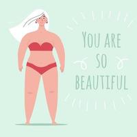 uma linda mulher gorda em um maiô está em pleno crescimento. conceito de positividade corporal, amor próprio, excesso de peso. personagem feminina vetor plana