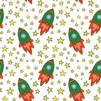espaço planetas asteróides foguete ufo meteorito estrela céu noturno. padrão sem emenda de vetor. voo de viagem espacial. ilustração em estilo doodle. para impressão em tecido de papel mídia social post web banner vetor