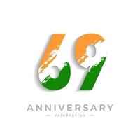 Celebração de aniversário de 69 anos com pincel branco barra em açafrão amarelo e cor verde da bandeira indiana. saudação de feliz aniversário celebra evento isolado no fundo branco vetor