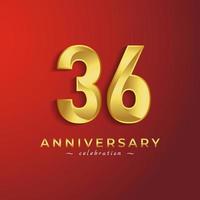 Celebração de aniversário de 36 anos com cor dourada brilhante para evento de celebração, casamento, cartão de felicitações e cartão de convite isolado em fundo vermelho