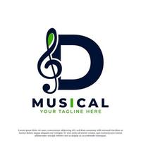letra d com elemento de design de logotipo de nota chave de música. utilizável para logotipos de negócios, musicais, entretenimento, discos e orquestra vetor