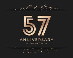 Design de estilo de logotipo de comemoração de aniversário de 57 anos. saudação de feliz aniversário celebra evento com linha múltipla dourada e confetes isolados na ilustração de design de fundo escuro vetor