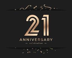 Design de estilo de logotipo de comemoração de aniversário de 21 anos. saudação de feliz aniversário celebra evento com linha múltipla dourada e confetes isolados na ilustração de design de fundo escuro vetor