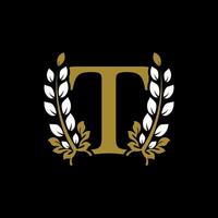 letra inicial t ligado o logotipo da coroa de louros dourado do monograma. design gracioso para restaurante, café, marca, crachá, etiqueta, identidade de luxo vetor