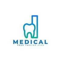 logotipo da clínica odontológica. letra de forma linear azul eu vinculei com o símbolo do dente dentro. utilizável para dentista, atendimento odontológico e logotipos médicos. elemento de modelo de idéias de design de logotipo de vetor plano.