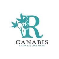 letra r alfabeto verde do logotipo da canabis com folha de maconha medicinal. utilizável para logotipos de negócios, ciência, saúde, médicos e natureza. vetor