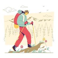 alpinista com mochila caminhando na montanha vetor
