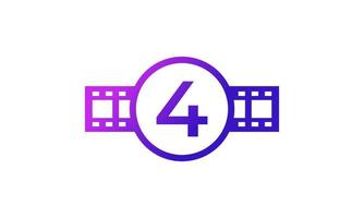 círculo número 4 com tira de filme de listras de carretel para inspiração de logotipo de estúdio de produção de cinema de filme vetor