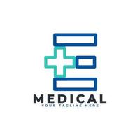 letra e cruz mais logotipo. estilo linear. utilizável para logotipos de negócios, ciências, saúde, médicos, hospitais e natureza. vetor