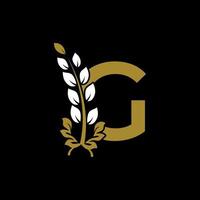 letra inicial g ligado o logotipo da coroa de louros dourado do monograma. design gracioso para restaurante, café, marca, crachá, etiqueta, identidade de luxo vetor