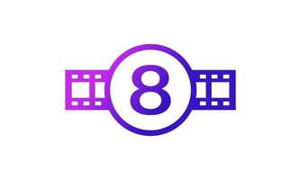 círculo número 8 com tira de filme de listras de carretel para inspiração de logotipo de estúdio de produção de cinema de filme vetor