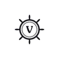 letra v dentro do volante do navio e ícone de corrente circular para inspiração de logotipo náutico vetor
