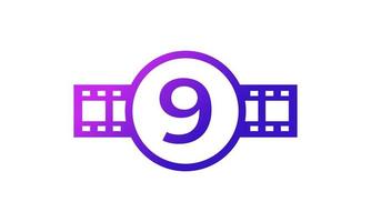 círculo número 9 com tira de filme de listras de carretel para inspiração de logotipo de estúdio de produção de cinema de filme vetor