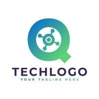 logotipo da letra q da tecnologia. forma geométrica verde com círculo de pontos conectado como vetor de logotipo de rede. utilizável para logotipos de negócios e tecnologia.