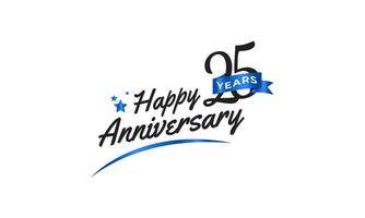 Celebração de aniversário de 25 anos com símbolo azul swoosh e fita azul. saudação de feliz aniversário celebra ilustração de design de modelo vetor