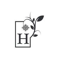 distintivo de moldura quadrada de logotipo de luxo elegante h. floral com folhas de flores. perfeito para moda, joias, salão de beleza, cosméticos, spa, boutique, casamento, carimbo de carta, logotipo de hotel e restaurante. vetor