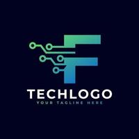 logotipo de letra de tecnologia f. modelo de logotipo de vetor futurista com cor gradiente verde e azul. forma geométrica. utilizável para logotipos de negócios e tecnologia.