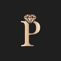 letra dourada luxo p com símbolo de diamante. inspiração de design de logotipo de diamante premium vetor