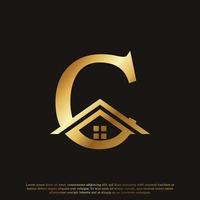 letra inicial c design de logotipo dourado da casa em casa. conceito de logotipo imobiliário. ilustração vetorial vetor