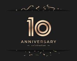 Design de estilo de logotipo de comemoração de aniversário de 10 anos. saudação de feliz aniversário celebra evento com linha múltipla dourada e confetes isolados na ilustração de design de fundo escuro vetor