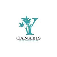 letra y alfabeto verde do logotipo da canabis com folha de maconha medicinal. utilizável para logotipos de negócios, ciência, saúde, médicos e natureza. vetor