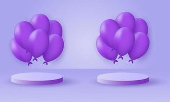 ilustração 3d balões cor de tendência muito roxa com pódio vetor