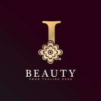 elegante eu logotipo de luxo. logotipo do alfabeto floral dourado com folhas de flores. perfeito para moda, joias, salão de beleza, cosméticos, spa, boutique, casamento, carimbo de carta, logotipo de hotel e restaurante. vetor