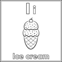 alfabeto flashcard letra i com desenho de sorvete fofo para colorir