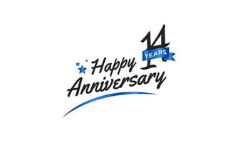 Celebração de aniversário de 14 anos com símbolo azul swoosh e fita azul. saudação de feliz aniversário celebra ilustração de design de modelo vetor