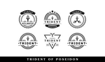 clássico vintage tridente netuno deus poseidon tritão rei lança logotipo modelo de design de ícone vetor