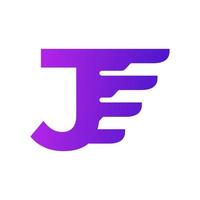 logotipo de entrega de letra j inicial de envio rápido. forma gradiente roxa com combinação geométrica de asas. vetor
