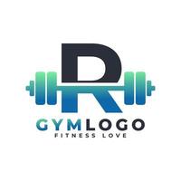 logotipo da letra r com barra. logotipo do ginásio de fitness. levantando o design do logotipo do vetor para academia e fitness. modelo de logotipo de letra do alfabeto