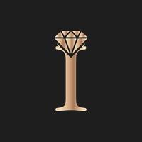 letra dourada luxo i com símbolo de diamante. inspiração de design de logotipo de diamante premium vetor