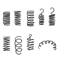mola espiral. bobinas flexíveis, molas de arame e silhueta de espirais de bobina de metal. bobinas flexíveis metálicas vape, espiral de motor de aço flexível com estilo de doodle desenhado à mão isolado vetor