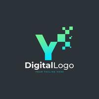 letra de tecnologia y logotipo. forma geométrica azul e verde com pontos de pixel quadrado. utilizável para logotipos de negócios e tecnologia. elemento de modelo de ideias de design. vetor