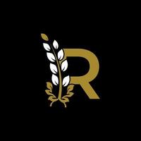 letra inicial r ligado o logotipo da coroa de louros dourado do monograma. design gracioso para restaurante, café, marca, crachá, etiqueta, identidade de luxo vetor