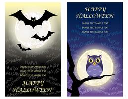Conjunto de dois modelos de cartão de feliz dia das bruxas com morcegos e uma coruja. vetor