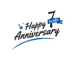 Celebração de aniversário de 7 anos com símbolo azul swoosh e fita azul. saudação de feliz aniversário celebra ilustração de design de modelo vetor