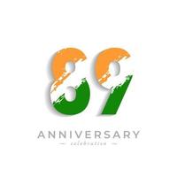 Celebração de aniversário de 89 anos com pincel branco barra em açafrão amarelo e cor verde da bandeira indiana. saudação de feliz aniversário celebra evento isolado no fundo branco vetor