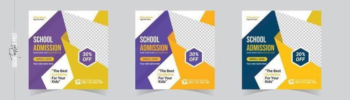 post de mídia social de admissão escolar e modelo de design de banner da web. de volta ao modelo de folheto de cartaz de panfleto de escola. vetor