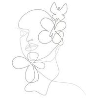 desenho de contorno de linha contínua de um rosto de mulher com flores e uma borboleta. arte moderna do minimalismo. vetor