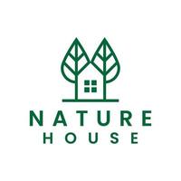 casa com natureza verde deixa o design do logotipo. vetor