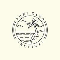 praia tropical do clube de surf com design de modelo de ícone de logotipo de estilo de arte de linha e emblema. palmeira, nuvem, mar, ilustração vetorial vetor