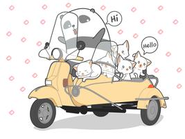 gatos kawaii desenhados e panda com motocicleta. vetor