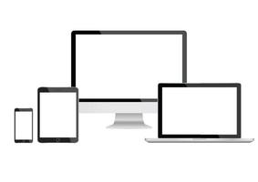 gadget de maquete e dispositivos smartphones, tablets, laptops e monitores de computador cor preta com tela em branco isolada no fundo branco. ilustração vetorial de estoque vetor