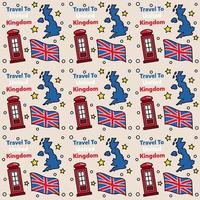 viajar para o design de vetor padrão sem emenda do doodle do Reino Unido. ônibus, mapa e bandeira são ícones idênticos ao reino unido